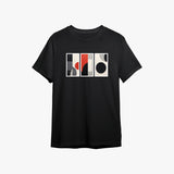 A black men's organic cotton t-shirt with a geometric abstract graphic design in the center.