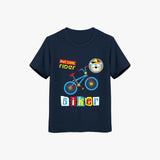 Navy blue t-shirt with a colorful graphic of a bike and text on a white background