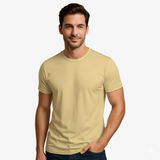 Man wearing a light yellow t-shirt on a white background