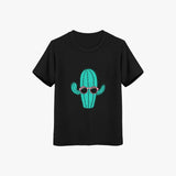 Black t-shirt with a cactus design wearing sunglasses on a white background