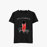 Black organic cotton t-shirt with a graphic of a surfboard and the text 'CALIFORNIA Surfing' on the front.