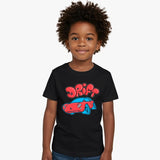 Child wearing a black t-shirt with a red and blue car graphic and 'Drift' text on a white background