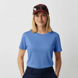 A Model Wear Blue t-shirt on a white background.