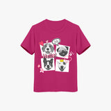 A pink crew neck t-shirt with a graphic print of puppies on it, designed for girls.