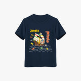 Navy blue t-shirt with a pirate-themed graphic on a white background