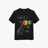 Black crew neck t-shirt with a graphic of a giraffe wearing sunglasses and the text 'COOL DUDE' printed on the front.