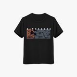 A black short-sleeved crew neck t-shirt with a graphic print of the word 'DINOSAURS' in bold letters, above which are silhouettes of dinosaurs and a palm tree.