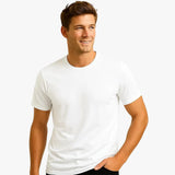 Man wearing a plain white t-shirt against a light background