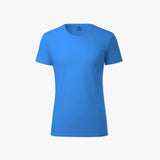 A short-sleeved blue organic cotton t-shirt for women displayed on a white background.