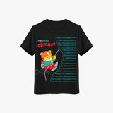 A black kids' crew neck t-shirt with a graphic print of a cartoon character mountain climbing.