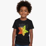 Child wearing a black t-shirt with colorful text design on a white background