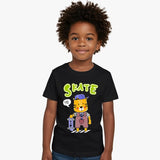 Child wearing a black t-shirt with cartoon characters and 'SKATE' text on a white background