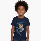 Child wearing a navy blue t-shirt with a graphic design and text on a white background