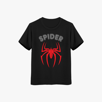 Black short-sleeve crew neck t-shirt with a red spider graphic and the word 'SPIDER' printed above it.