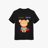Black t-shirt with a teddy bear superhero design and 'super hero' text on a white background
