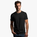 Man wearing a black t-shirt against a white background