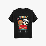 Black t-shirt with cartoon lion and panda driving a car and 'Go Travel!' text on a white background