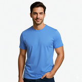 Man wearing a blue t-shirt against a plain background