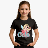 Young girl wearing a black t-shirt with a fairy graphic and 'Cute' text on a plain background