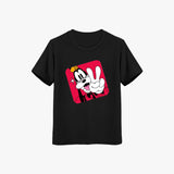 Black t-shirt with a cartoon character design on a white background