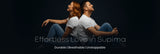 Two people sitting back-to-back with 'Effortless Love in Supima' text on a dark background