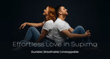 Two people sitting back-to-back with 'Effortless Love in Supima' text on a dark background