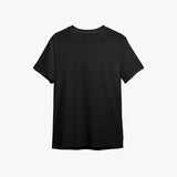 A black crew neck t-shirt made of organic cotton displayed on a white background.