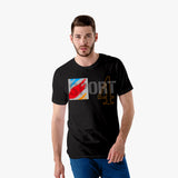 A man wearing a black organic cotton t-shirt with a graphic on the front.