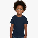 Child wearing a navy blue t-shirt on a white background