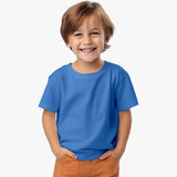 A boy wearing a blue short-sleeve crew neck t-shirt.