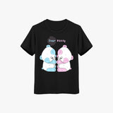 Black t-shirt with cartoon characters and 'Dear Buddy' text on a white background