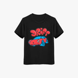 Black t-shirt with red and blue graphic design on a white background