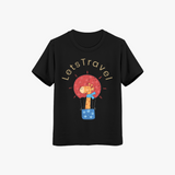 A black kids' T-shirt with a graphic print of a cartoon character and the text 'Let's Travel'.