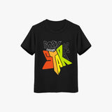 Black t-shirt with colorful graphic design on a white background