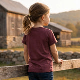 Child in a maroon shirt standing on a wooden fence with a barn and mountains in the background