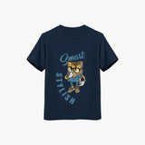 Navy blue t-shirt with a graphic design and text on a white background