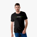 A man wearing a black crew neck t-shirt with the word 'SPEED' printed in green letters on the front.