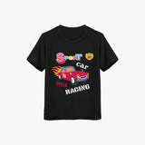 Black t-shirt with a colorful car graphic and text on a white background