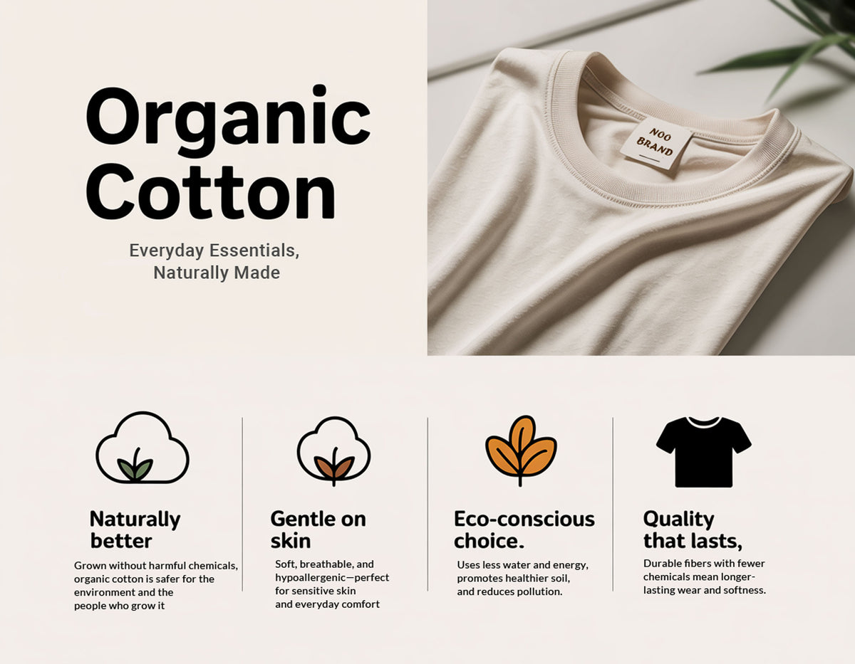 Beige t-shirt with 'No Brand' tag on a light background, featuring text and icons about organic cotton.