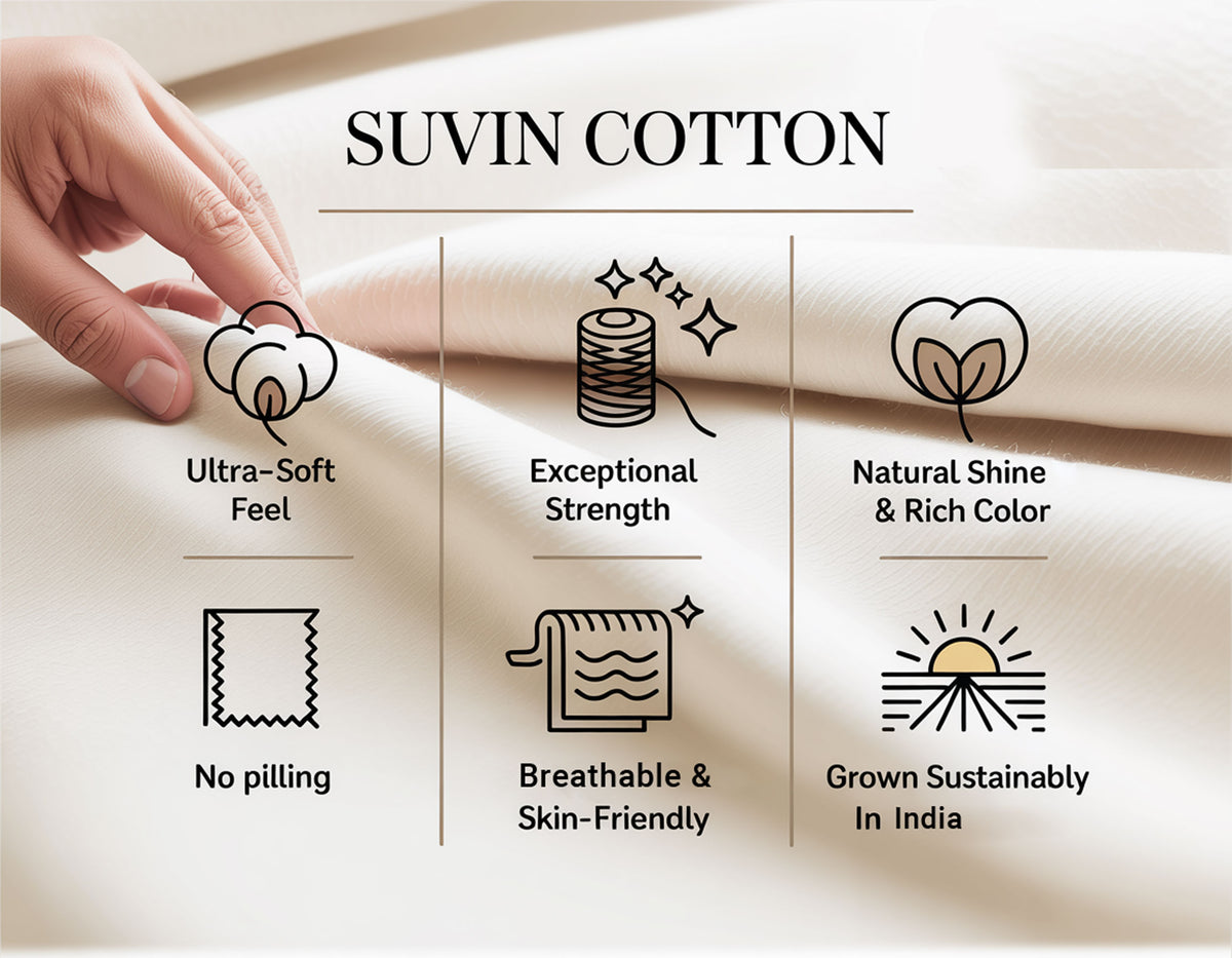 SUVIN COTTON product description with hand touching fabric and icons indicating features.