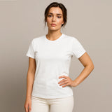 Woman wearing a plain white t-shirt against a neutral background